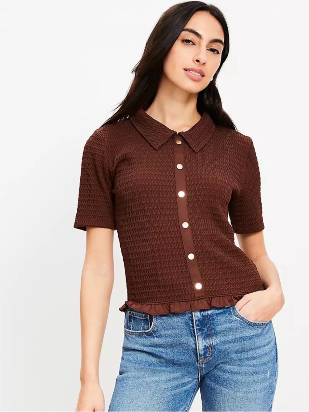 LOFT NWT Smocked Ruffle Hem Shirt Size Small - Picture 2 of 7